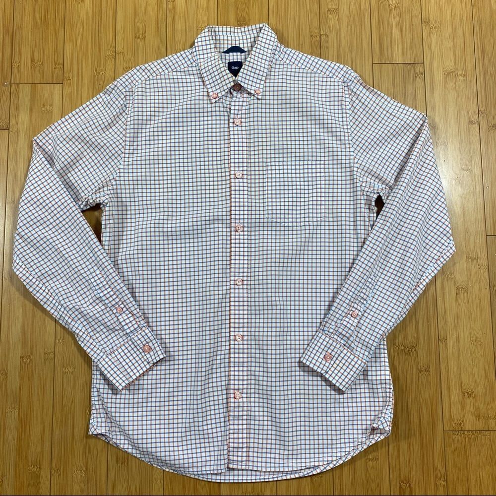 Men's Medium Dress Shirt - Orange, White, Blue Plaid - GAP